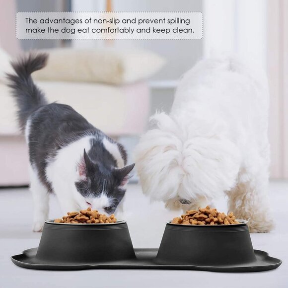 BONE SHAPED SILICONE MAT WITH STAINLESS STEEL PET FEEDING AND WATER BOWL… - Picture 2 of 8
